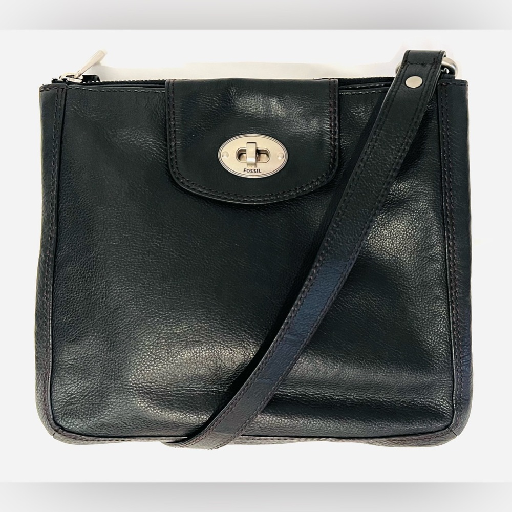 Fossil Women's Handbag ZB 5560 Black Leather Turn Lock Crossbody